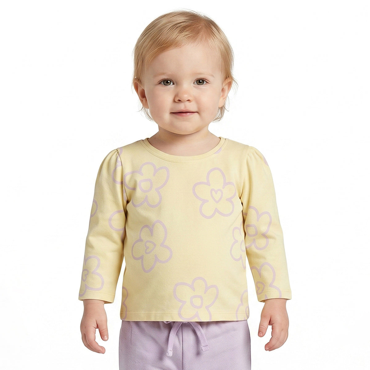 Baby Girls Yellow Floral Print T-Shirt with Lavender Pants Casual Co-ord Set