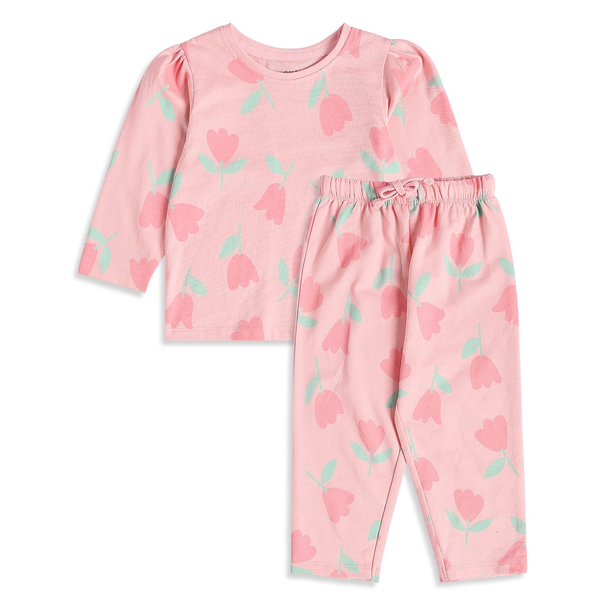 Baby Girls Pink Cotton Floral Printed Top And Bottom Set Regular Fit Casual Wear