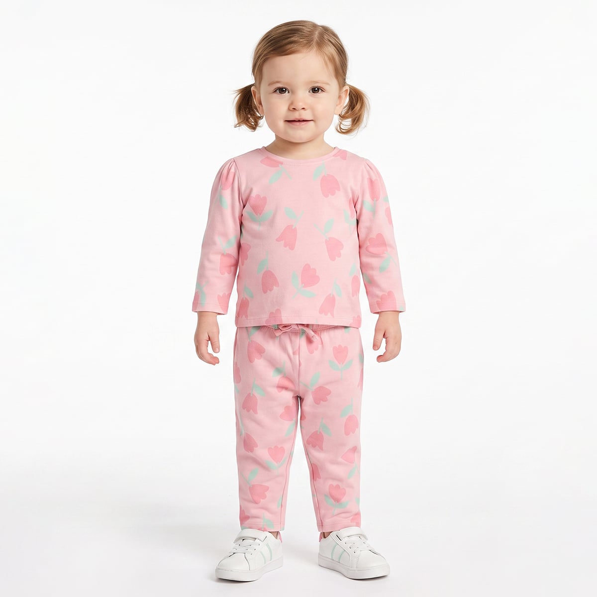 Baby Girls Pink Cotton Floral Printed Top And Bottom Set Regular Fit Casual Wear