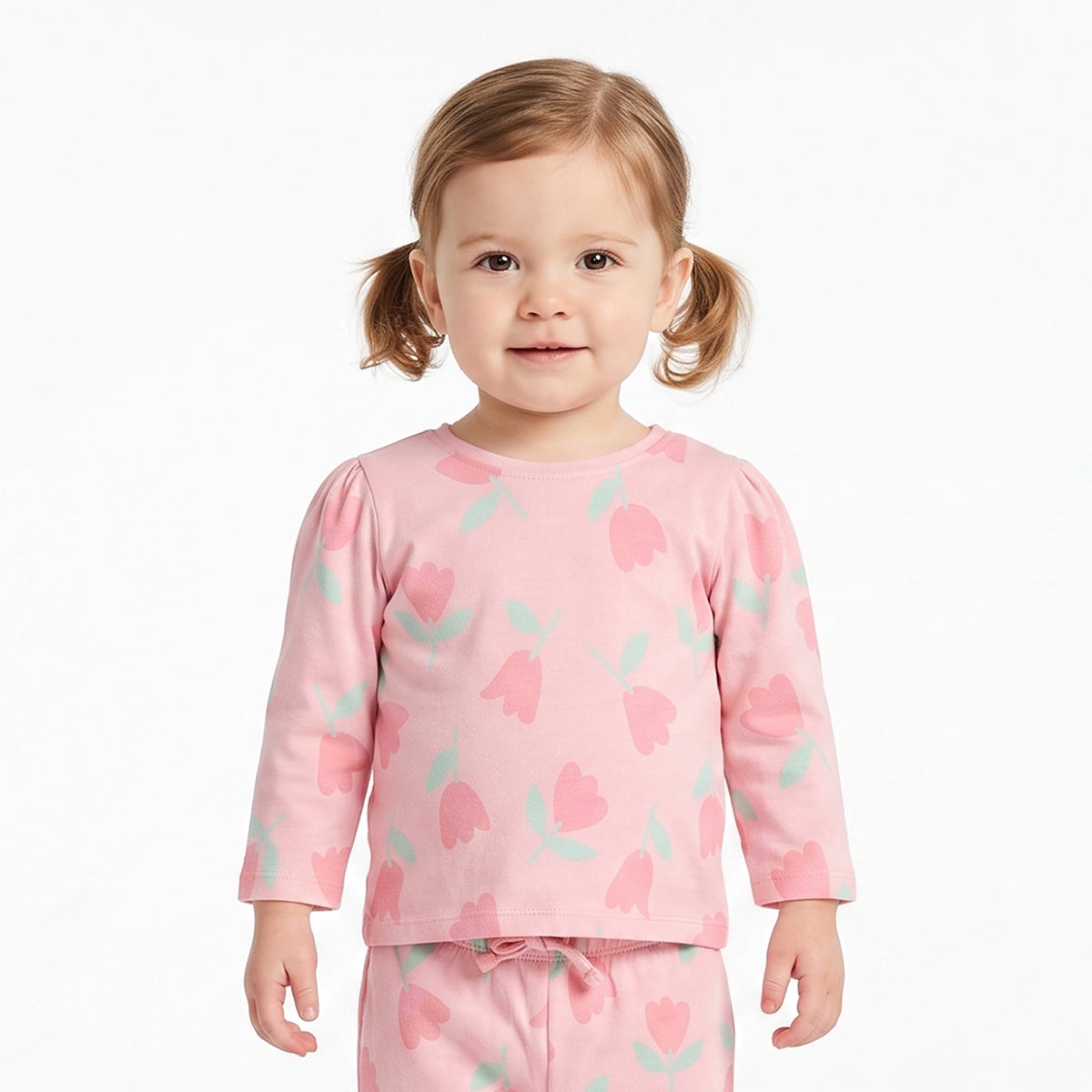 Baby Girls Pink Cotton Floral Printed Top And Bottom Set Regular Fit Casual Wear