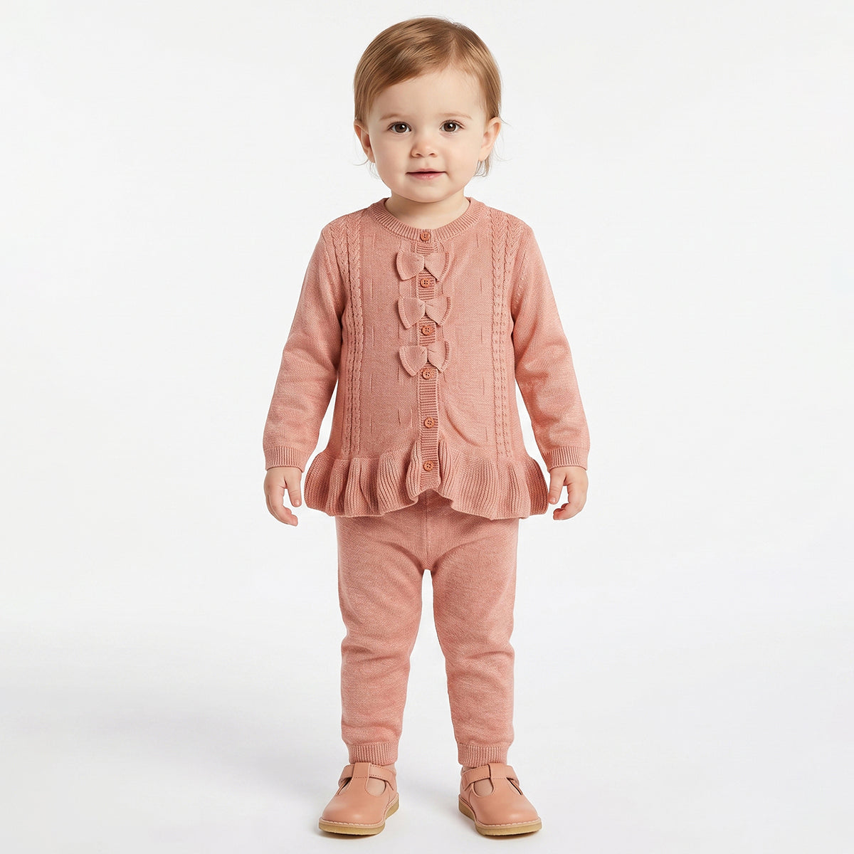 Baby Girls Peach Knit Top with Bottom Regular Fit Winter Co-ord Set