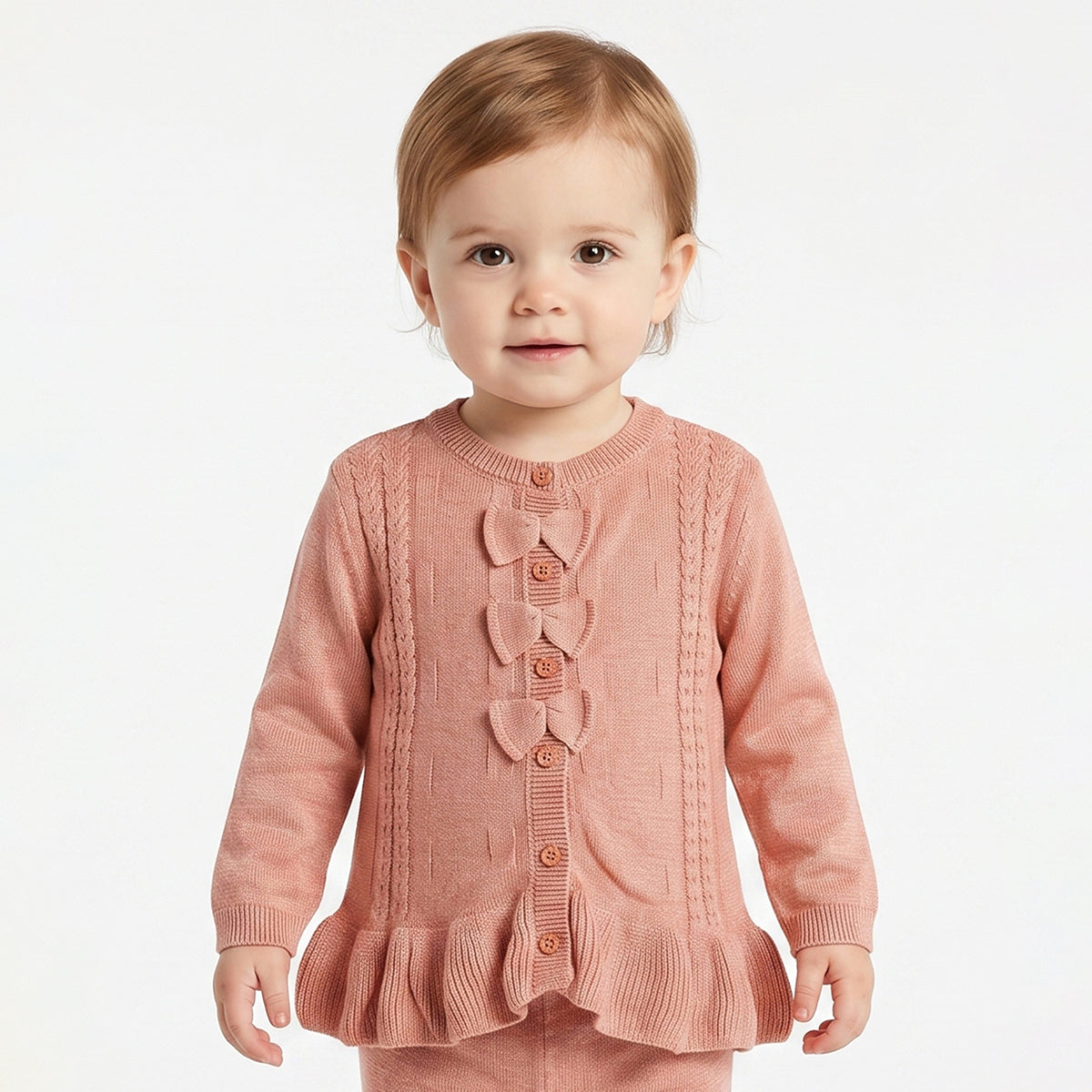 Baby Girls Peach Knit Top with Bottom Regular Fit Winter Co-ord Set