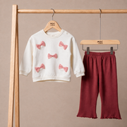 Baby Girls White And Pink Cotton Bow Applique Top And Bottom Set Regular Fit Casual Wear