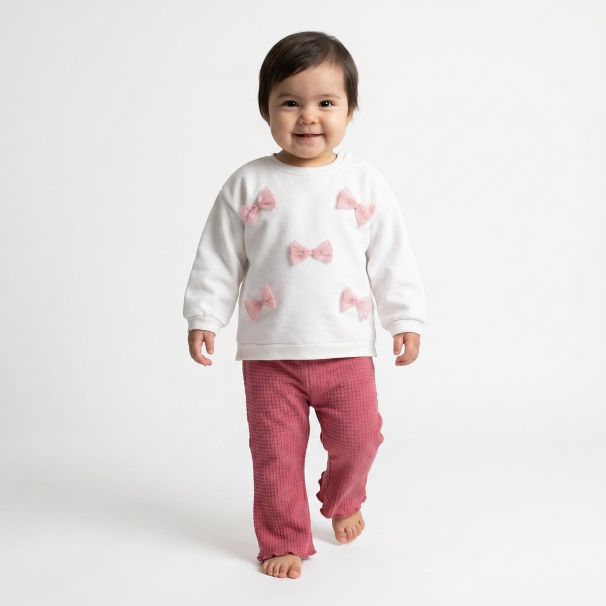 Baby Girls White And Pink Cotton Bow Applique Top And Bottom Set Regular Fit Casual Wear
