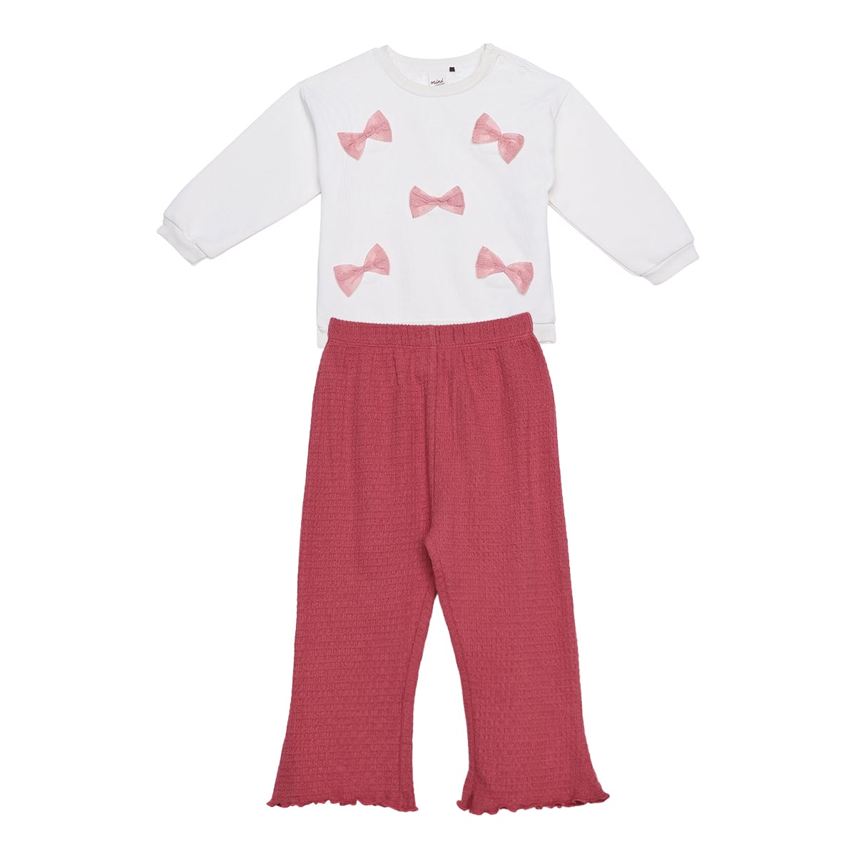 Baby Girls White And Pink Cotton Bow Applique Top And Bottom Set Regular Fit Casual Wear
