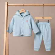 Baby Girls Light Blue Cotton Blend Flower Embroidered Hooded Top And Bottom Set Regular Fit Casual Wear