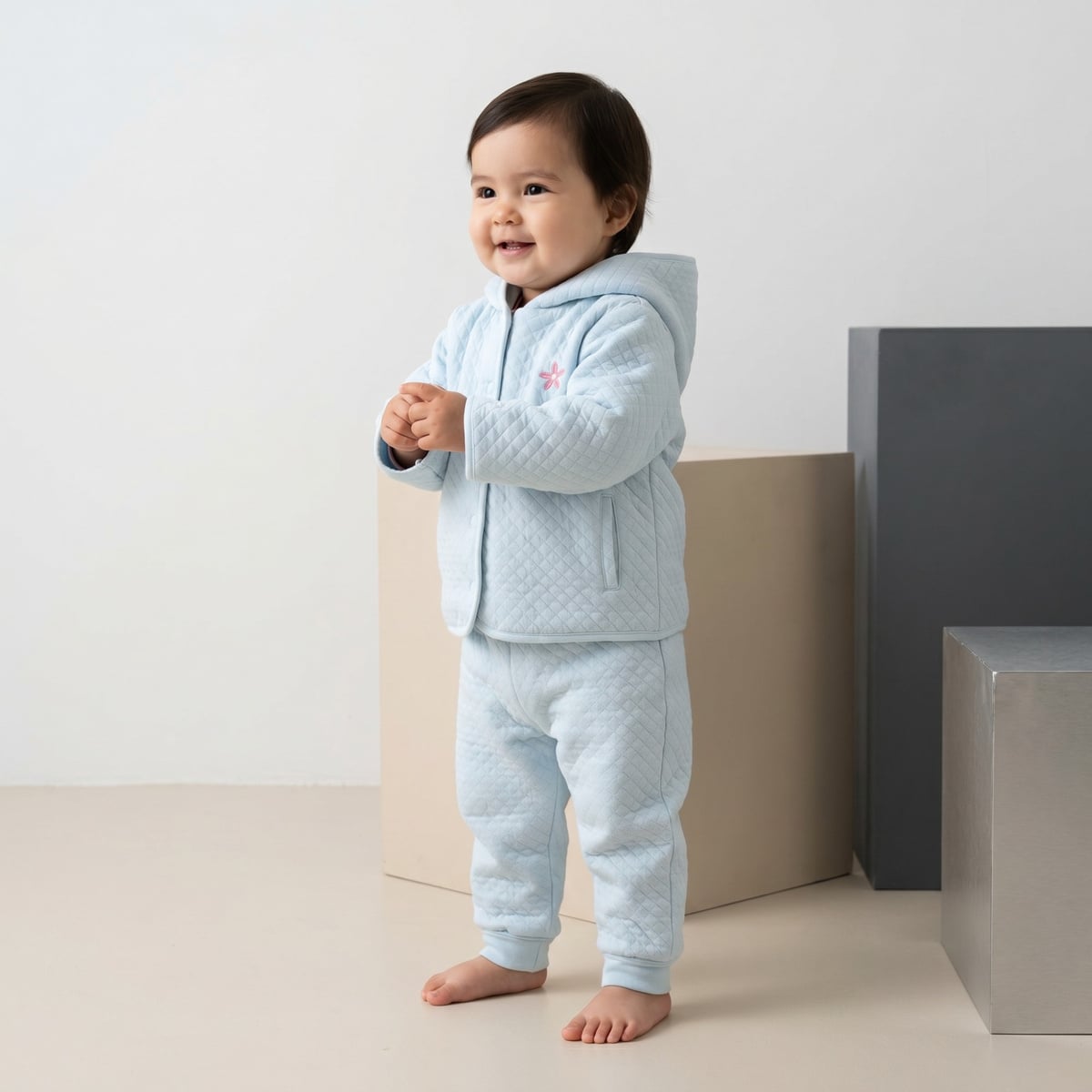 Baby Girls Light Blue Cotton Blend Flower Embroidered Hooded Top And Bottom Set Regular Fit Casual Wear