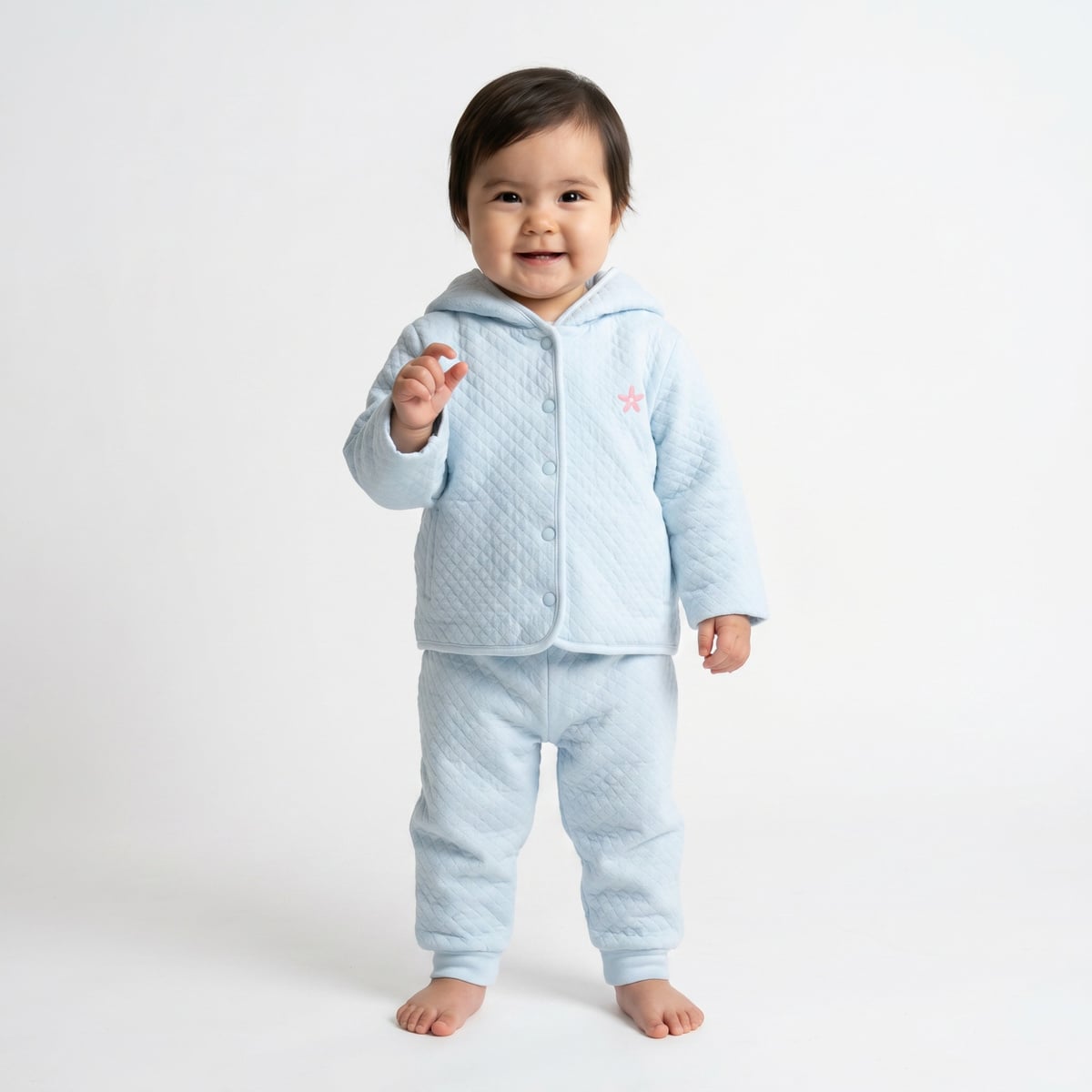Baby Girls Light Blue Cotton Blend Flower Embroidered Hooded Top And Bottom Set Regular Fit Casual Wear