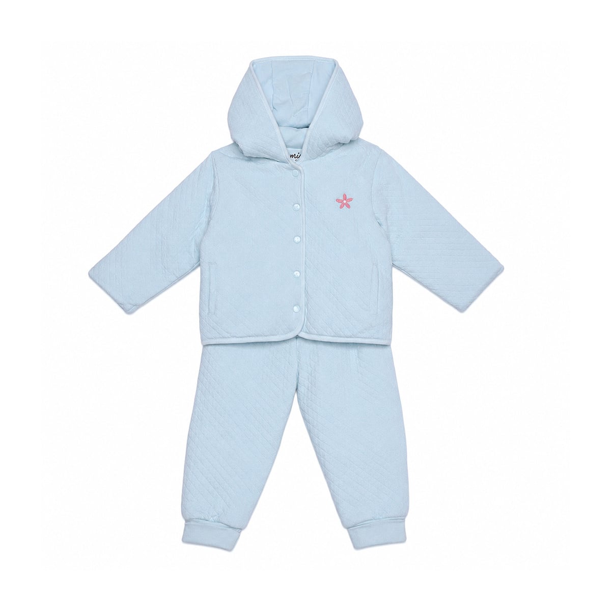 Baby Girls Light Blue Cotton Blend Flower Embroidered Hooded Top And Bottom Set Regular Fit Casual Wear