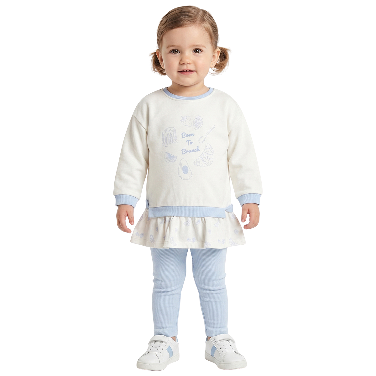 Girls Off White Printed Top with Light Blue Bottom Winter Co ord Set