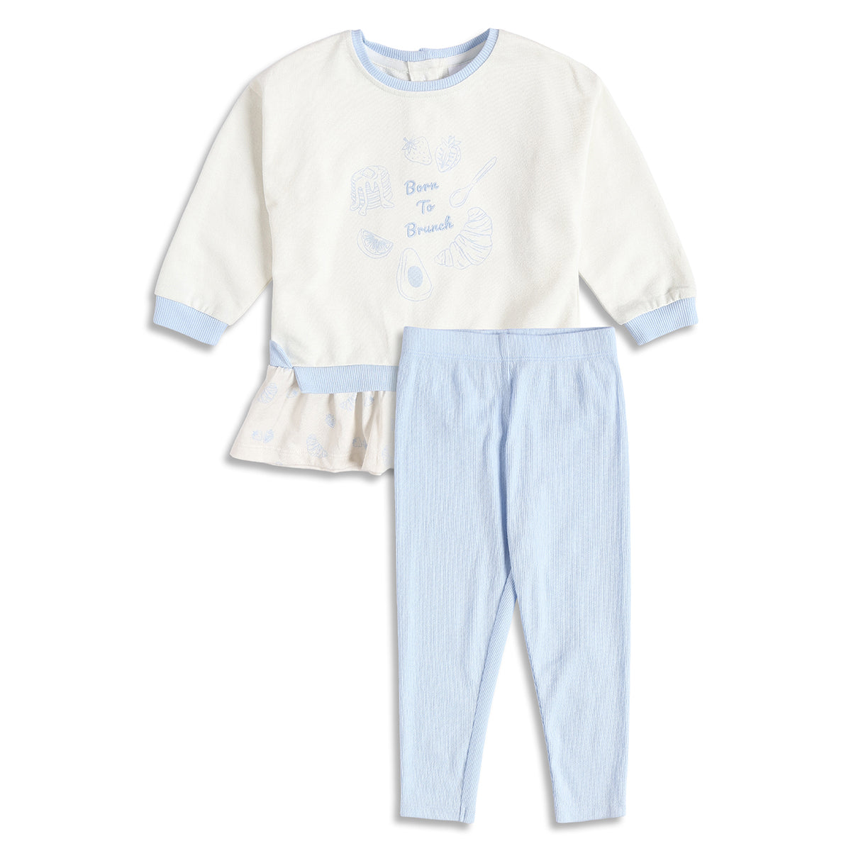 Baby Girls Off White Printed Top with Light Blue Bottom Regular Fit Winter Co-ord Set