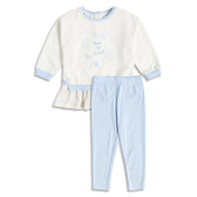 Baby Girls Off White Printed Top with Light Blue Bottom Regular Fit Winter Co-ord Set