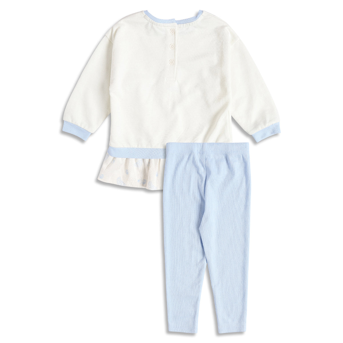 Baby Girls Off White Printed Top with Light Blue Bottom Regular Fit Winter Co-ord Set
