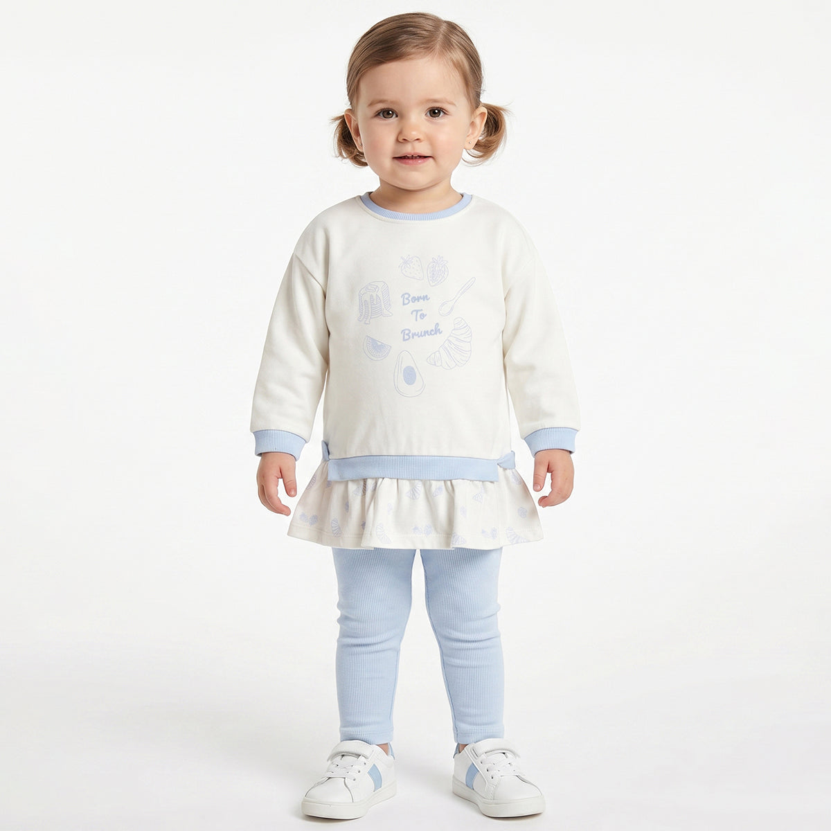 Baby Girls Off White Printed Top with Light Blue Bottom Regular Fit Winter Co-ord Set