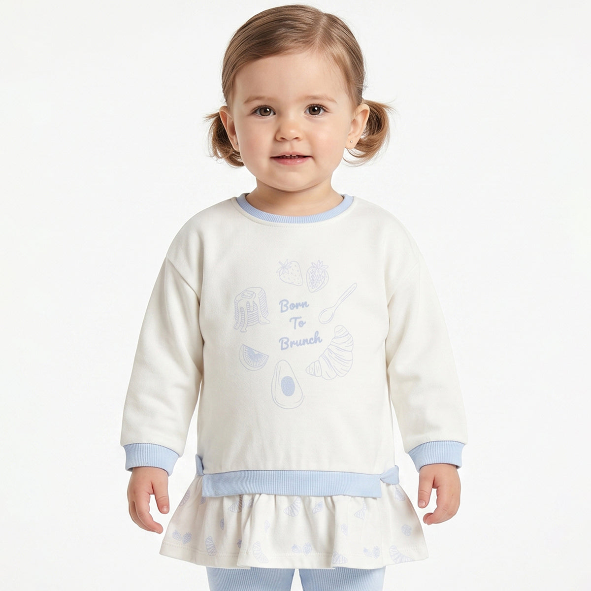 Baby Girls Off White Printed Top with Light Blue Bottom Regular Fit Winter Co-ord Set