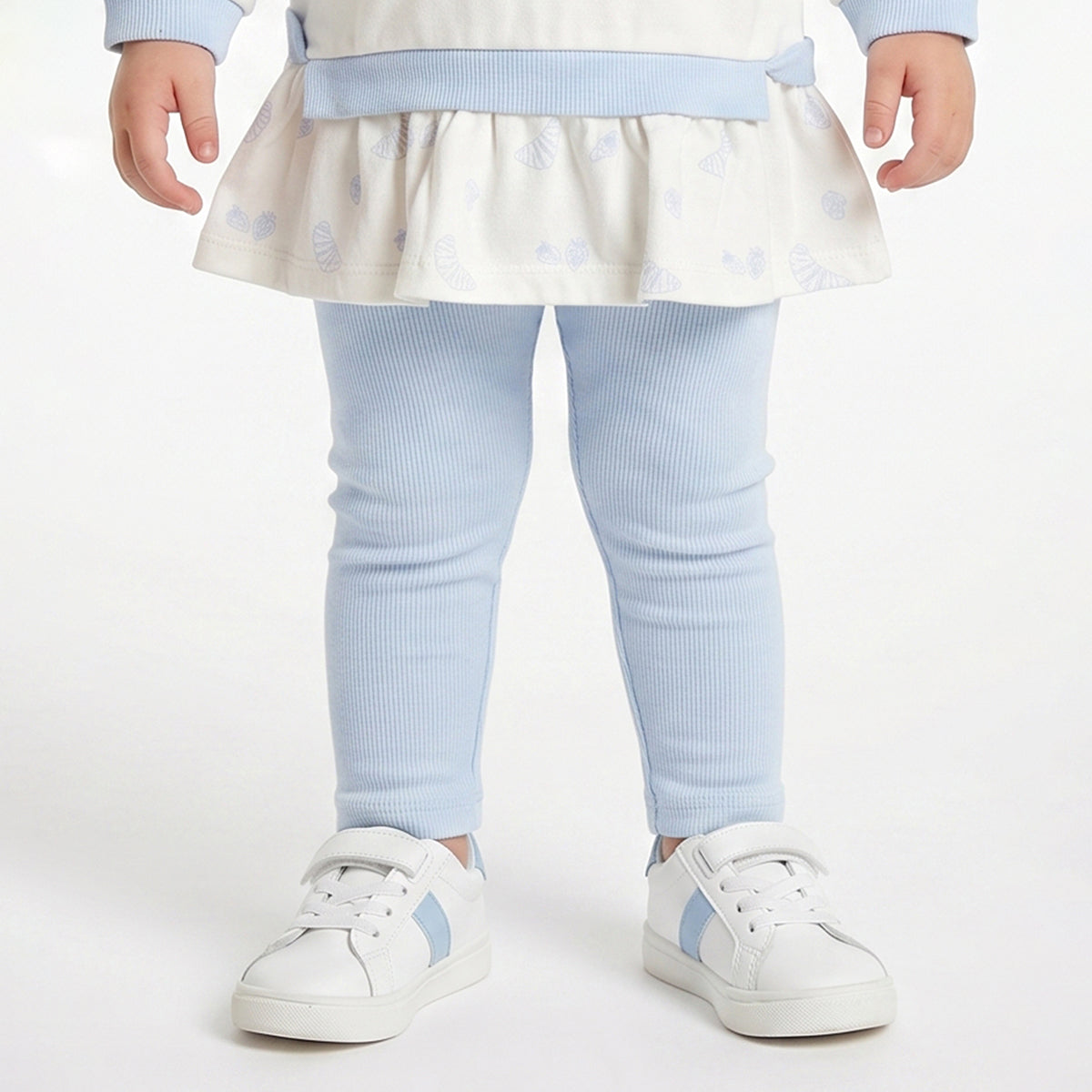 Baby Girls Off White Printed Top with Light Blue Bottom Regular Fit Winter Co-ord Set