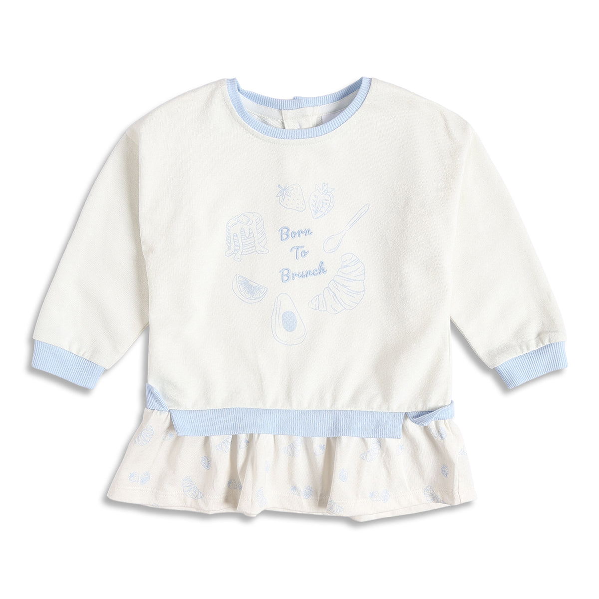 Baby Girls Off White Printed Top with Light Blue Bottom Regular Fit Winter Co-ord Set