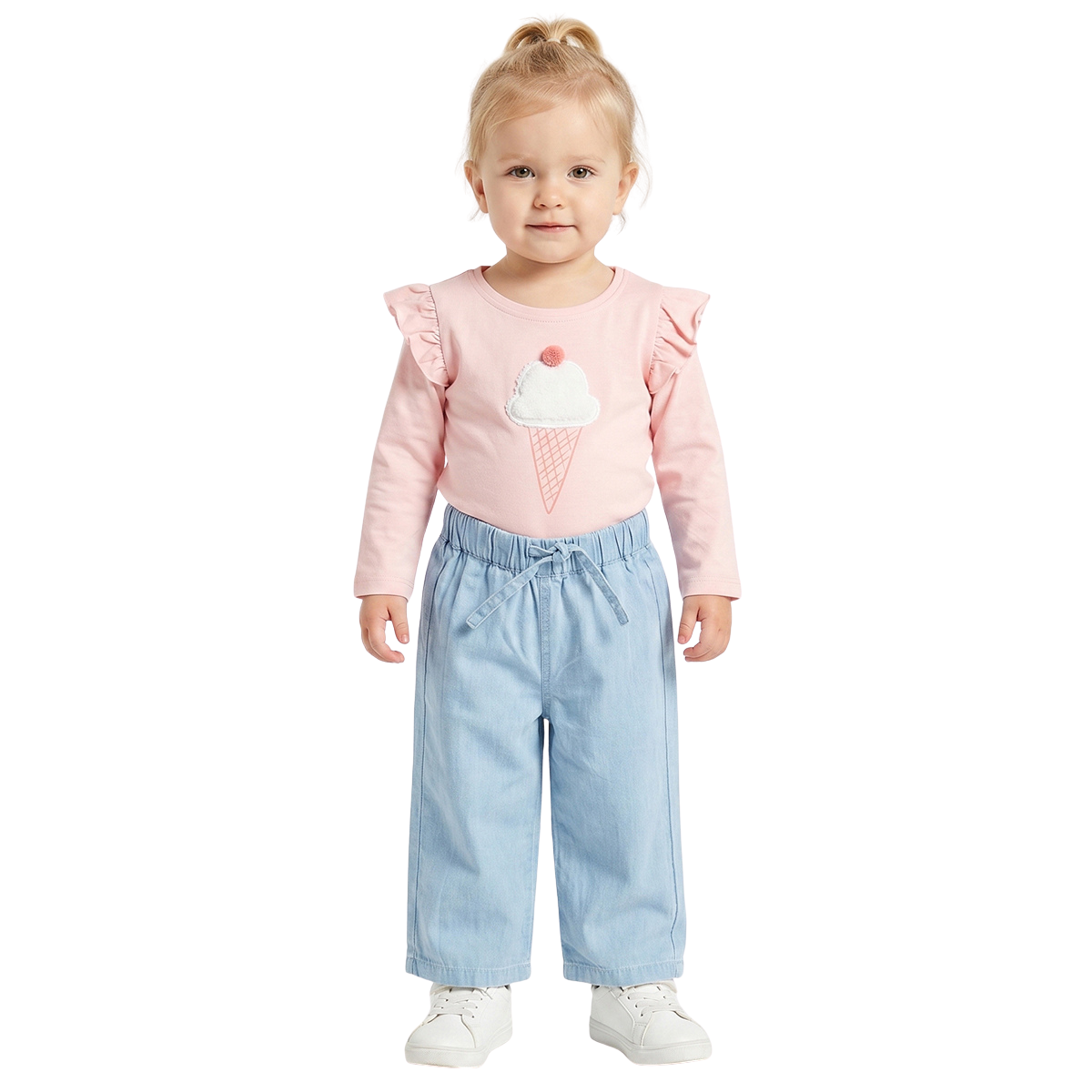 Baby Girls Peach Applique Top with Light Blue Denim Casual Co ord Set