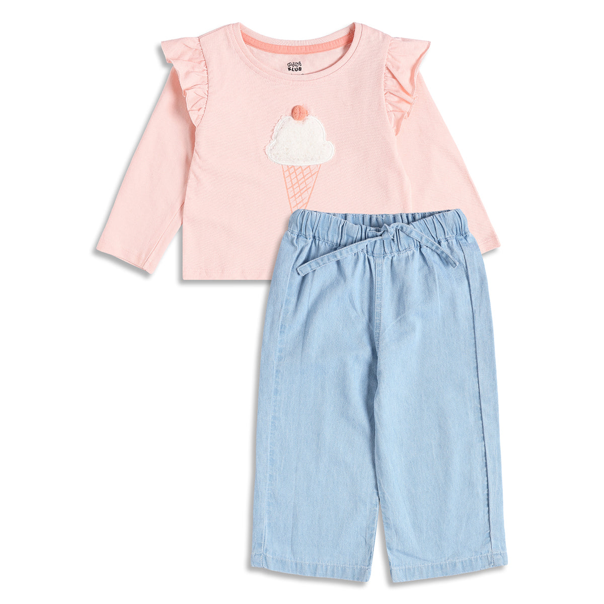 Baby Girls Peach Applique Top with Light Blue Denim Regular Fit Casual Co-ord Set