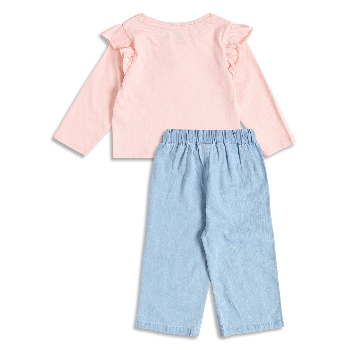 Baby Girls Peach Applique Top with Light Blue Denim Regular Fit Casual Co-ord Set