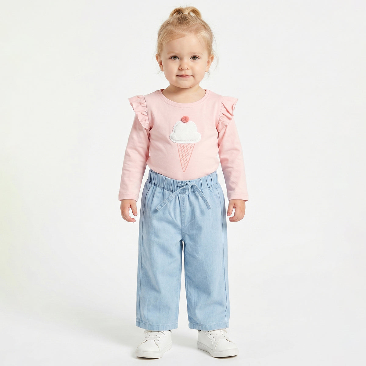 Baby Girls Peach Applique Top with Light Blue Denim Regular Fit Casual Co-ord Set