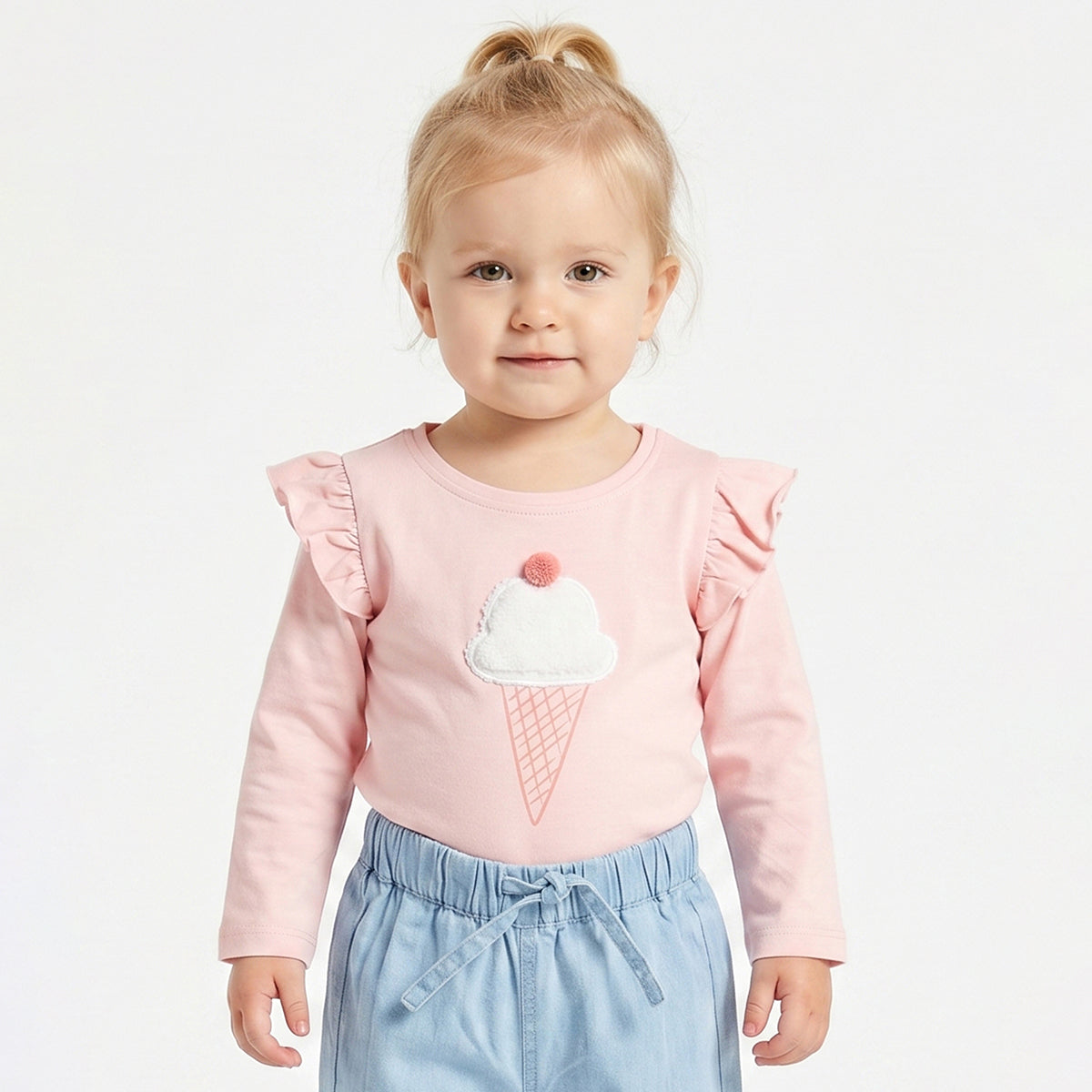 Baby Girls Peach Applique Top with Light Blue Denim Regular Fit Casual Co-ord Set