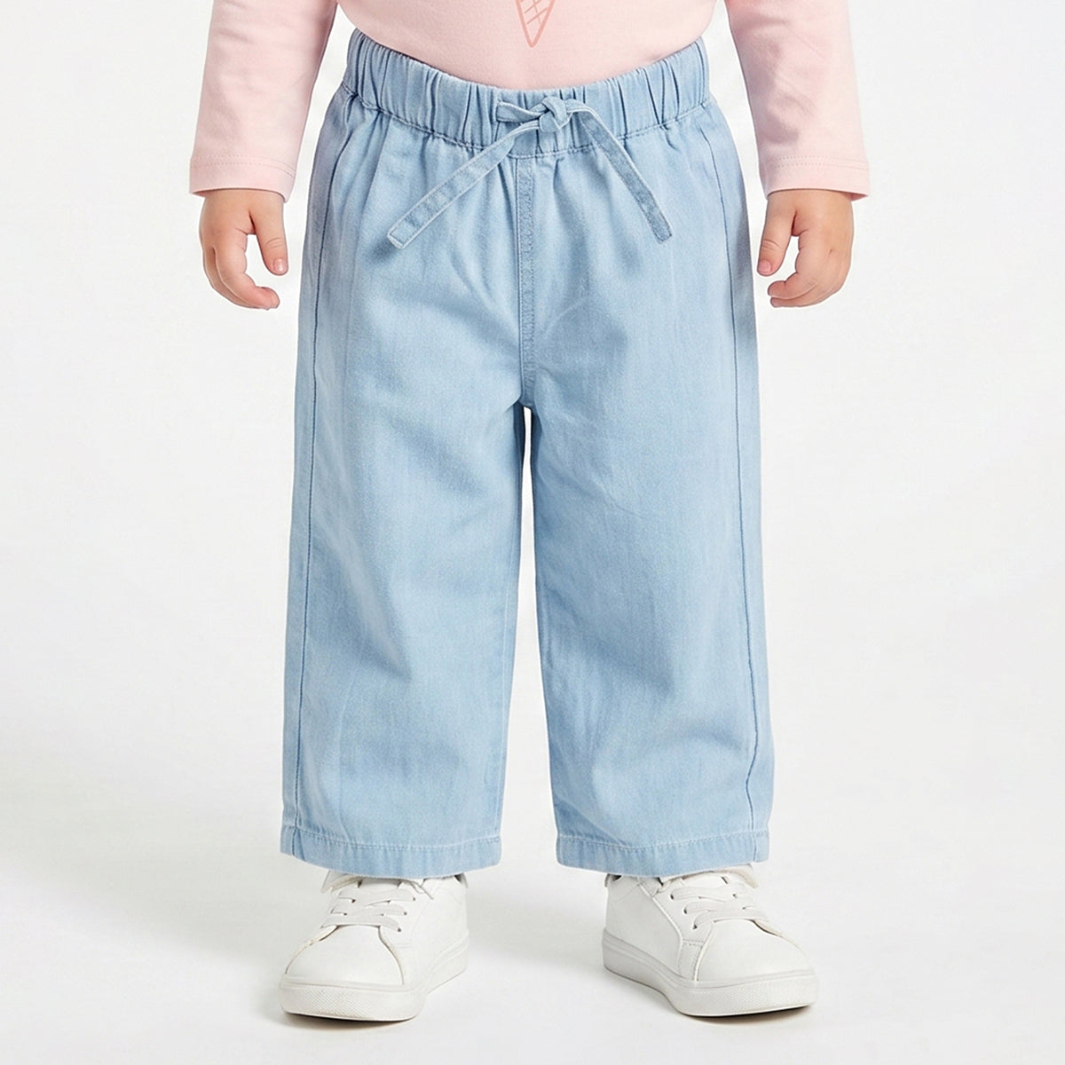 Baby Girls Peach Applique Top with Light Blue Denim Regular Fit Casual Co-ord Set
