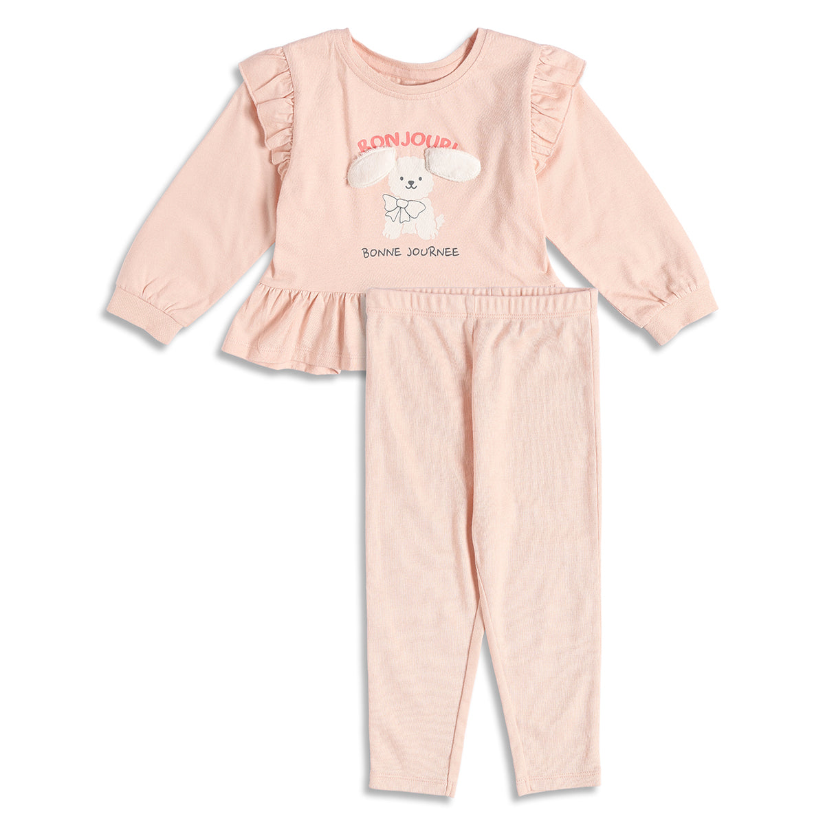 Baby Girls Peach Character Applique Top with Peach Bottom Regular Fit Casual Co-ord Set