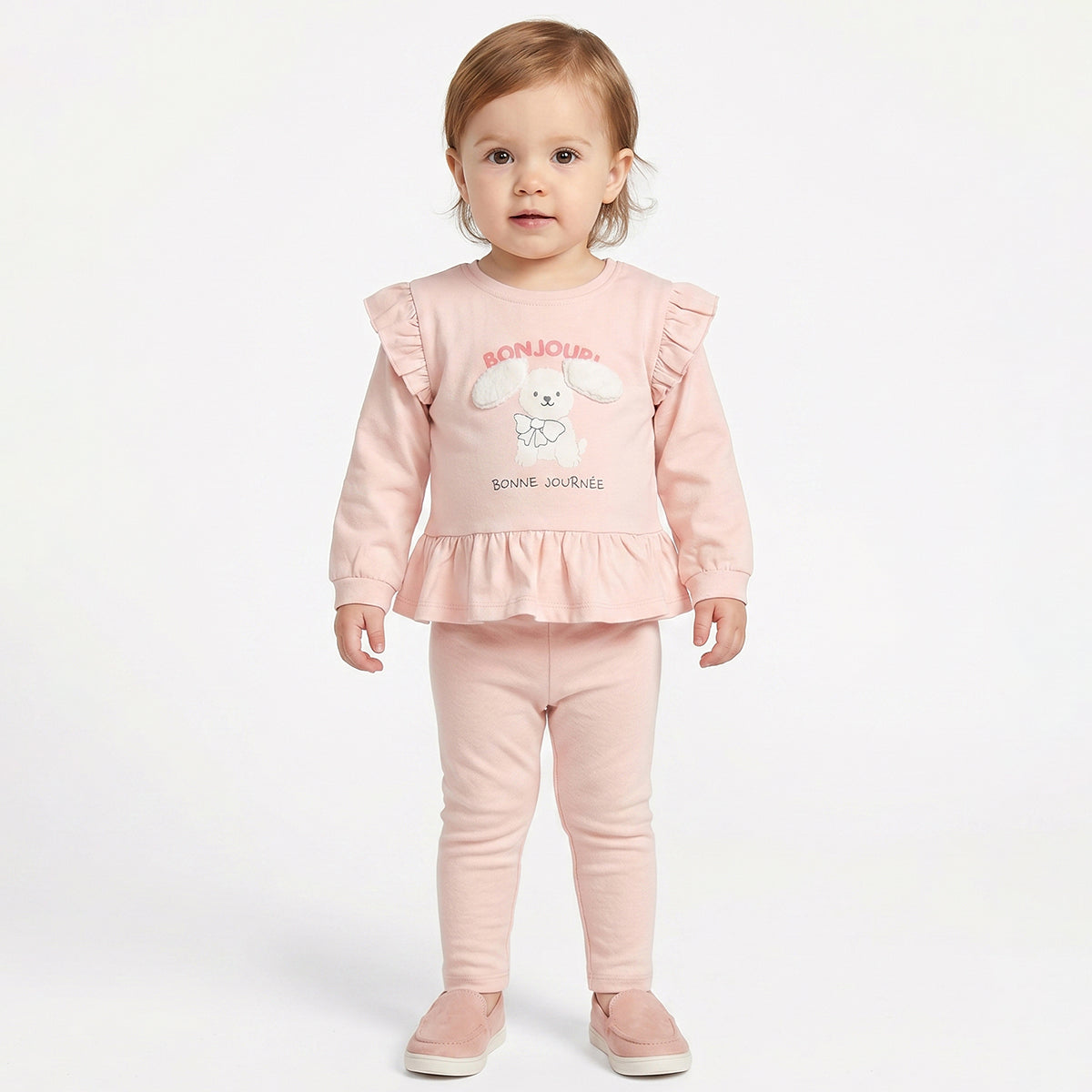 Baby Girls Peach Character Applique Top with Peach Bottom Regular Fit Casual Co-ord Set