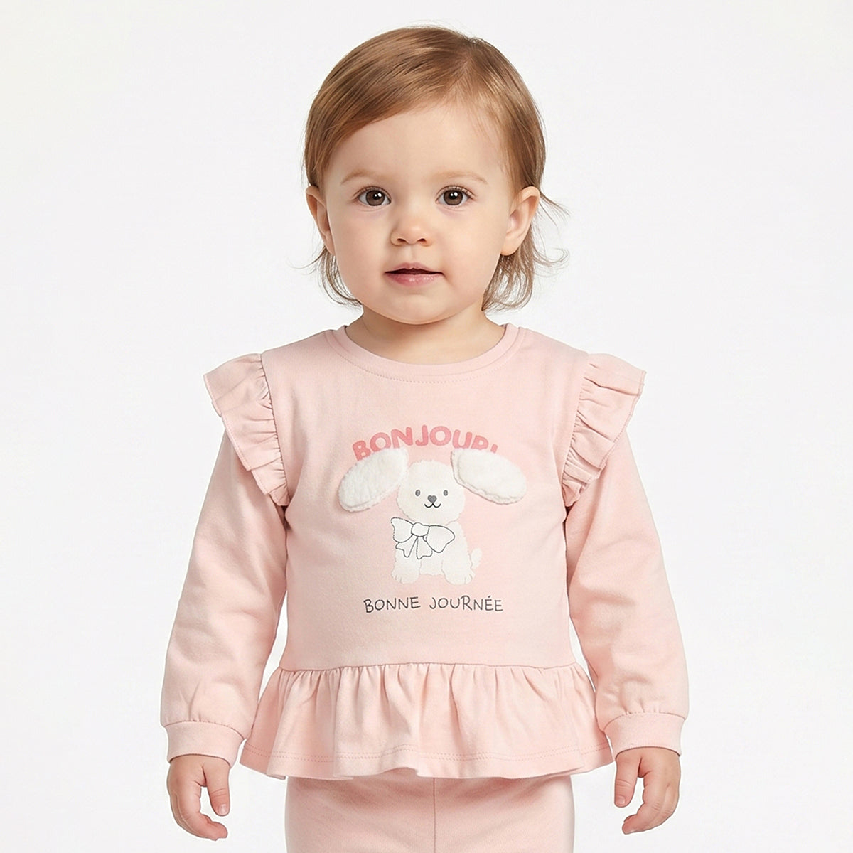 Baby Girls Peach Character Applique Top with Peach Bottom Regular Fit Casual Co-ord Set