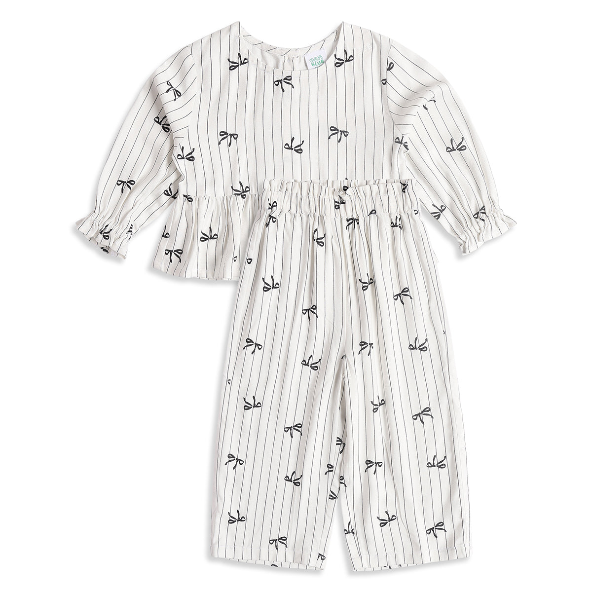 Baby Girls Off White Bow Print Top with Bottom Regular Fit Casual Co-ord Set