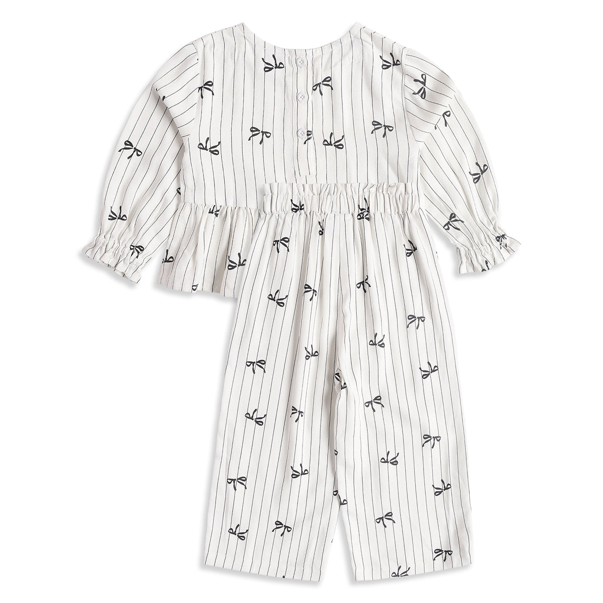 Baby Girls Off White Bow Print Top with Bottom Regular Fit Casual Co-ord Set