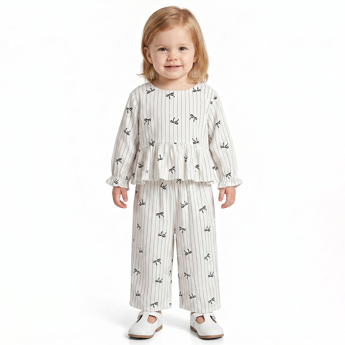 Baby Girls Off White Bow Print Top with Bottom Regular Fit Casual Co-ord Set