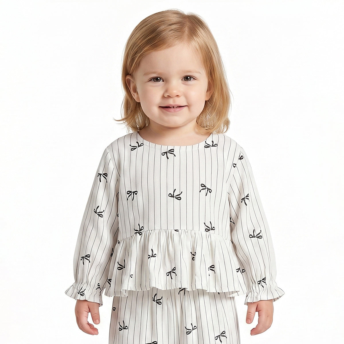Baby Girls Off White Bow Print Top with Bottom Regular Fit Casual Co-ord Set