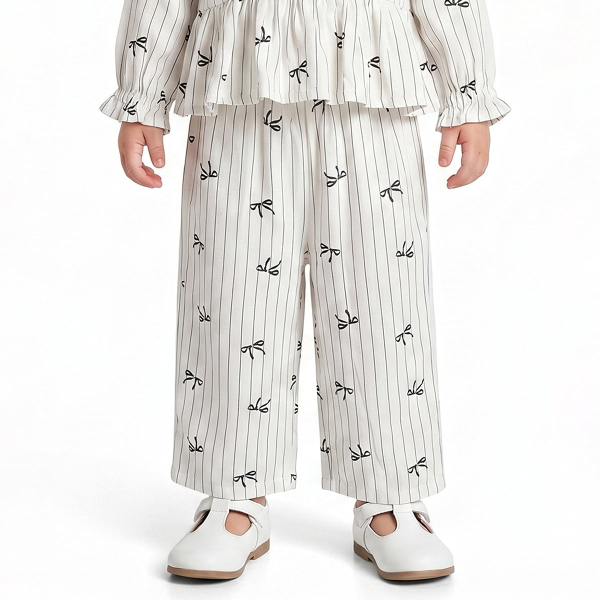 Baby Girls Off White Bow Print Top with Bottom Regular Fit Casual Co-ord Set