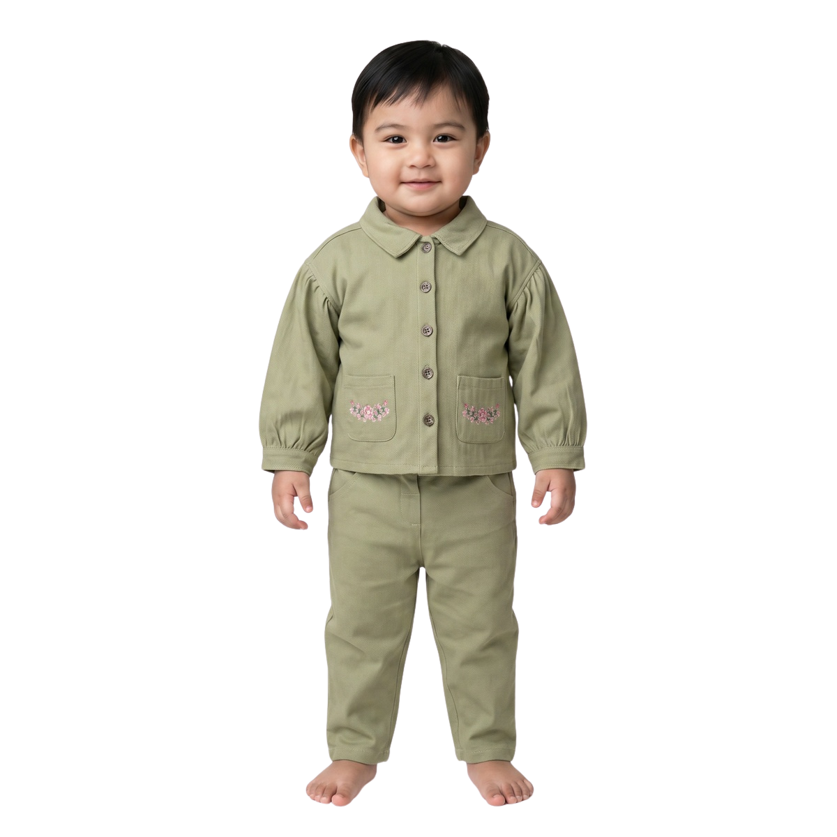 Baby Girls Sage Green Cotton Shirt and Pant Set Regular Fit Casual