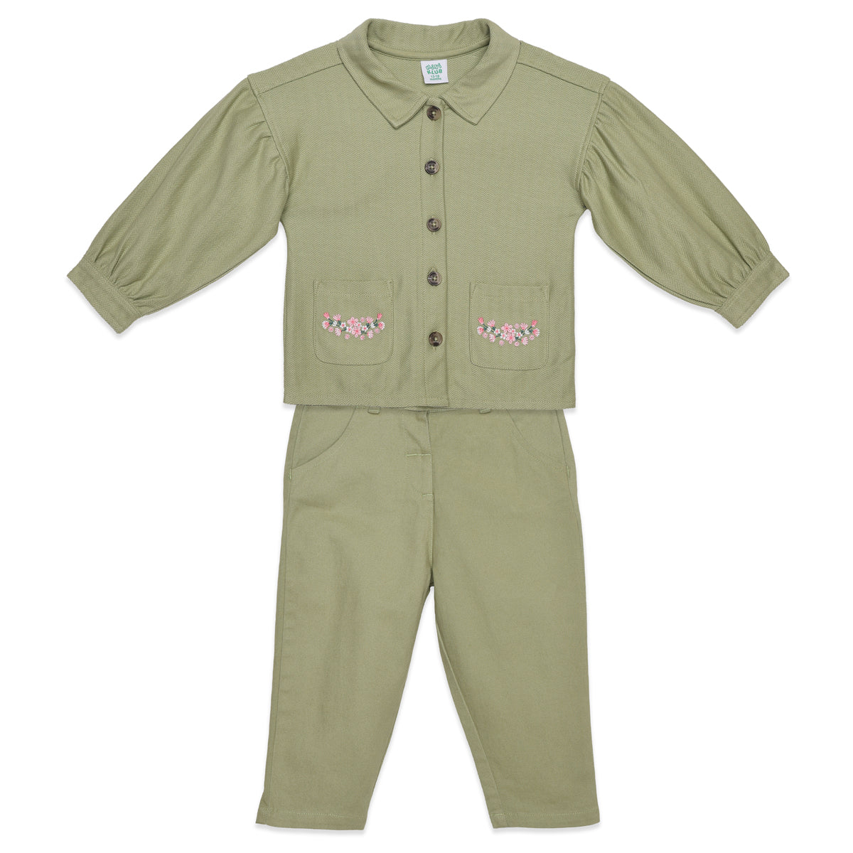 Baby Girls Sage Green Cotton Shirt and Pant Set Regular Fit Casual Wear