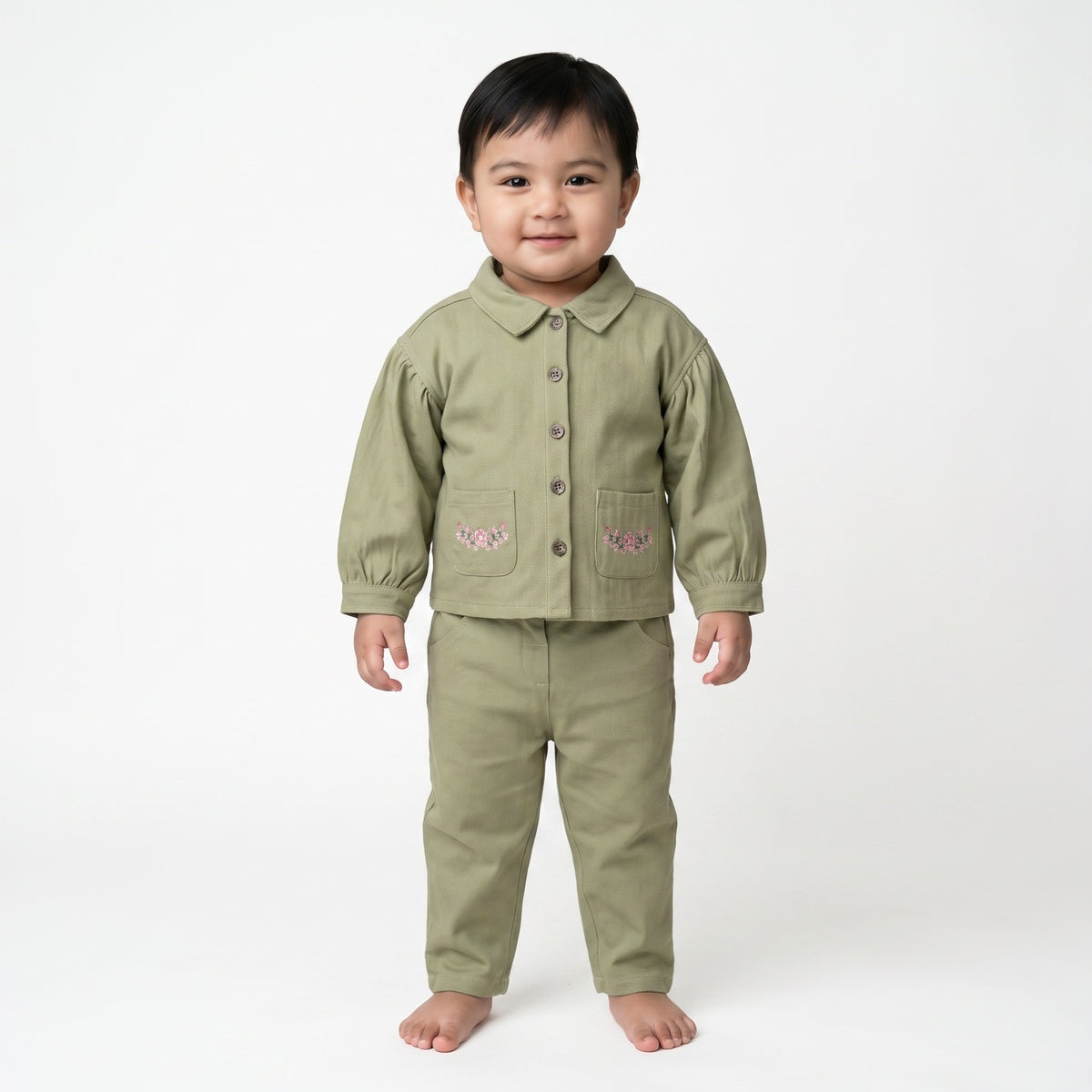 Baby Girls Sage Green Cotton Shirt and Pant Set Regular Fit Casual Wear