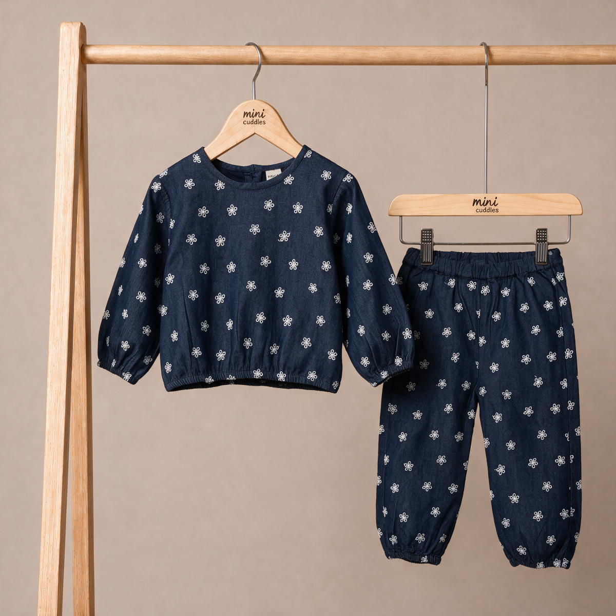 Baby Girls Navy Blue Cotton Blend Floral Print Top And Bottom Set Regular Fit Casual Wear