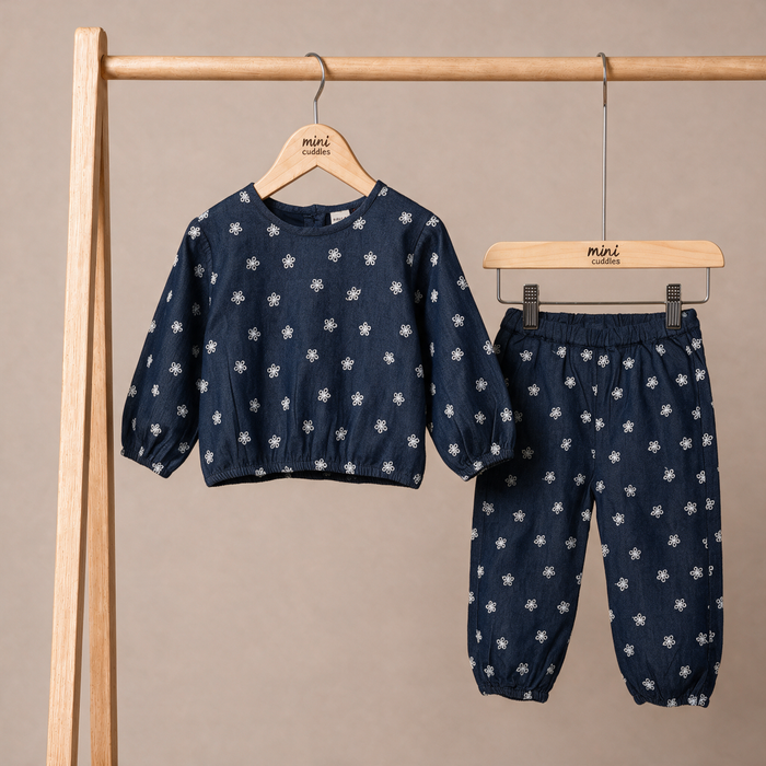 Baby Girls Navy Blue Cotton Blend Floral Print Top And Bottom Set Regular Fit Casual Wear