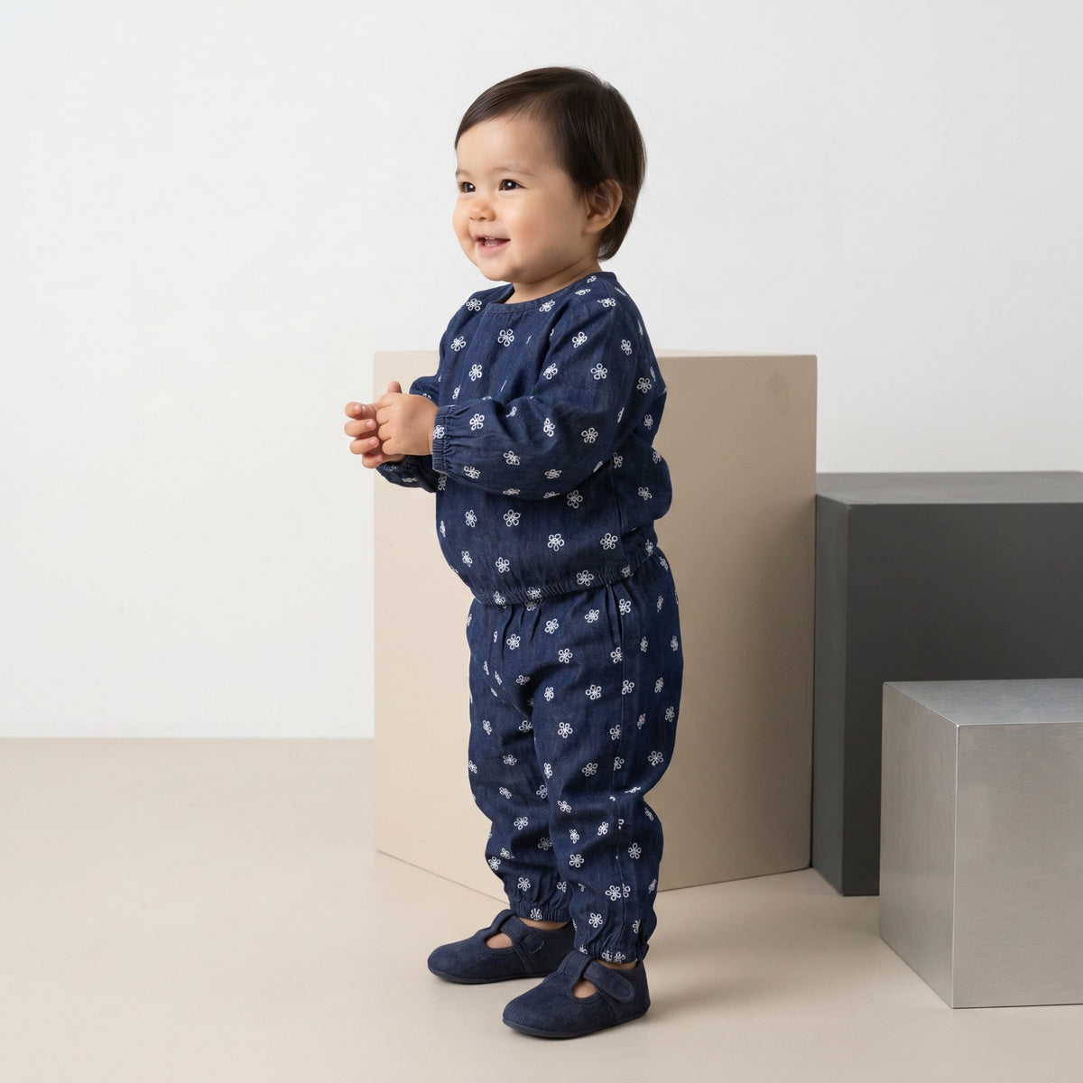 Baby Girls Navy Blue Cotton Blend Floral Print Top And Bottom Set Regular Fit Casual Wear