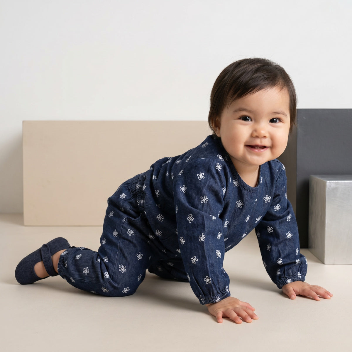 Baby Girls Navy Blue Cotton Blend Floral Print Top And Bottom Set Regular Fit Casual Wear