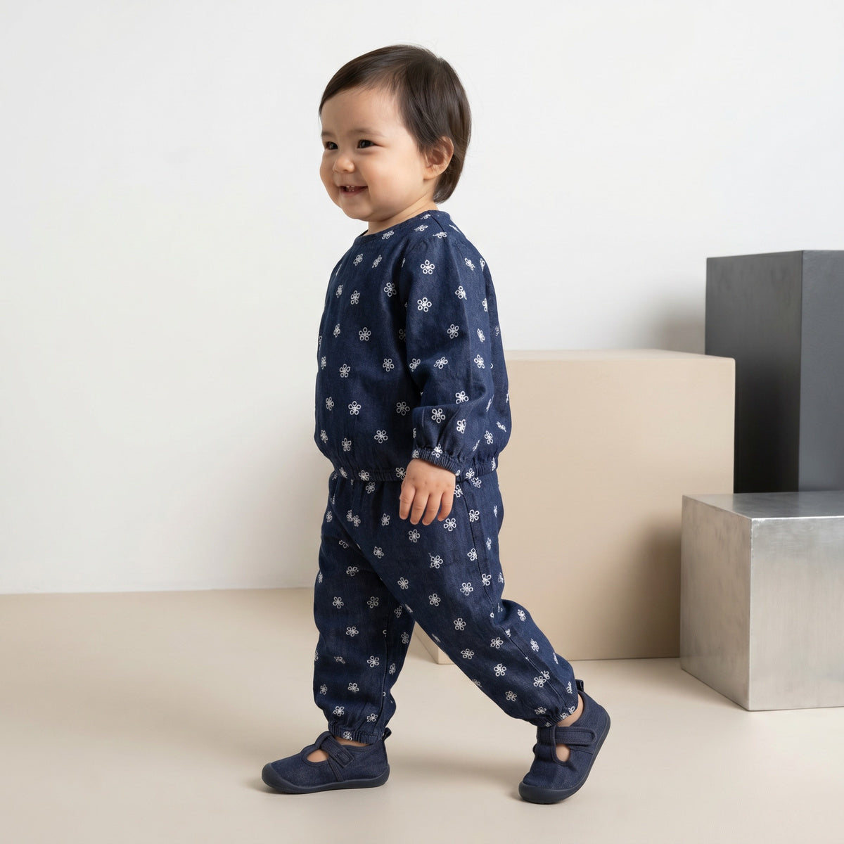 Baby Girls Navy Blue Cotton Blend Floral Print Top And Bottom Set Regular Fit Casual Wear