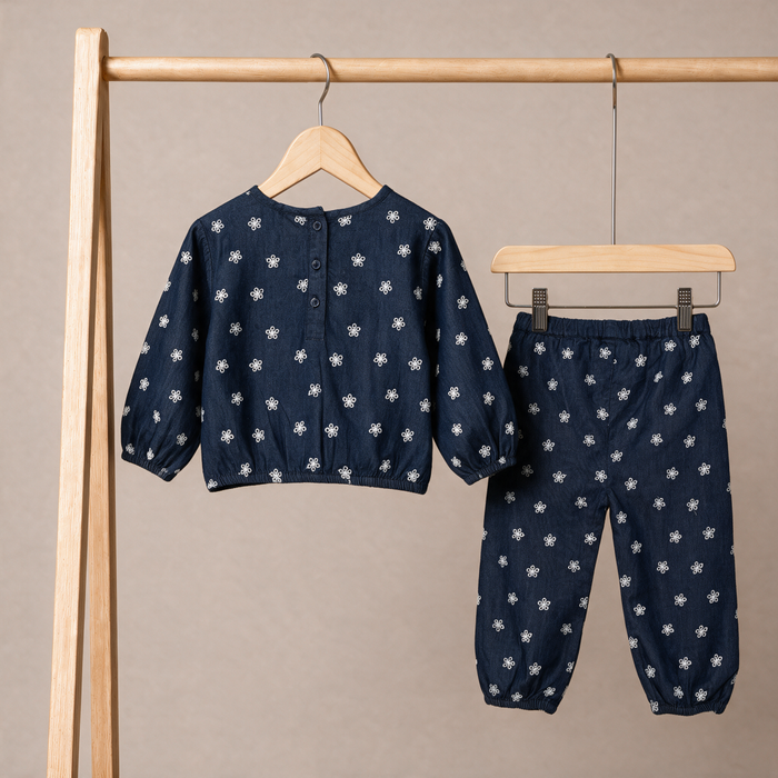 Baby Girls Navy Blue Cotton Blend Floral Print Top And Bottom Set Regular Fit Casual Wear
