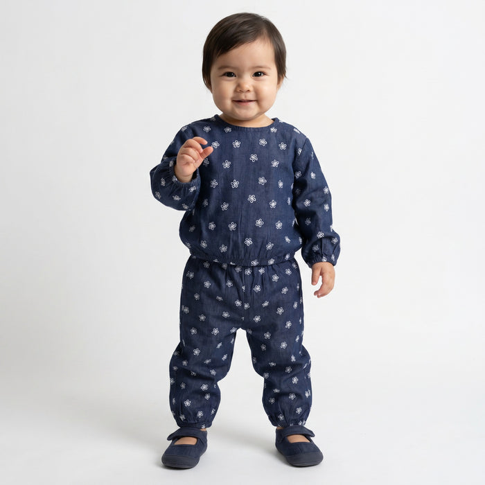Baby Girls Navy Blue Cotton Blend Floral Print Top and Bottom Set