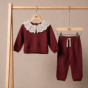 Baby Girls Maroon Cotton Blend Textured Top And Bottom Set With Broderie Collar Regular Fit Casual Wear