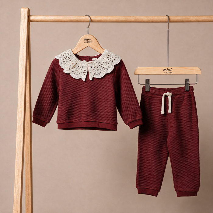 Baby Girls Maroon Cotton Blend Textured Top And Bottom Set With Broderie Collar Regular Fit Casual Wear