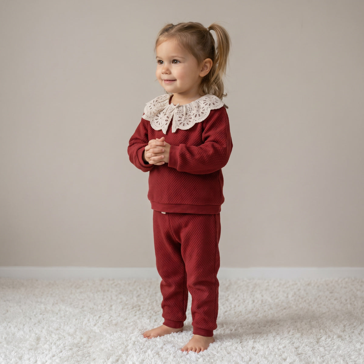 Baby Girls Maroon Cotton Blend Textured Top And Bottom Set With Broderie Collar Regular Fit Casual Wear