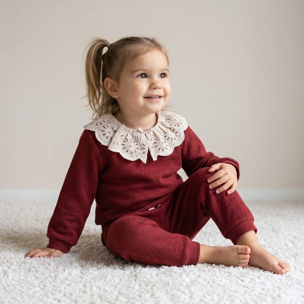 Baby Girls Maroon Cotton Blend Textured Top And Bottom Set With Broderie Collar Regular Fit Casual Wear