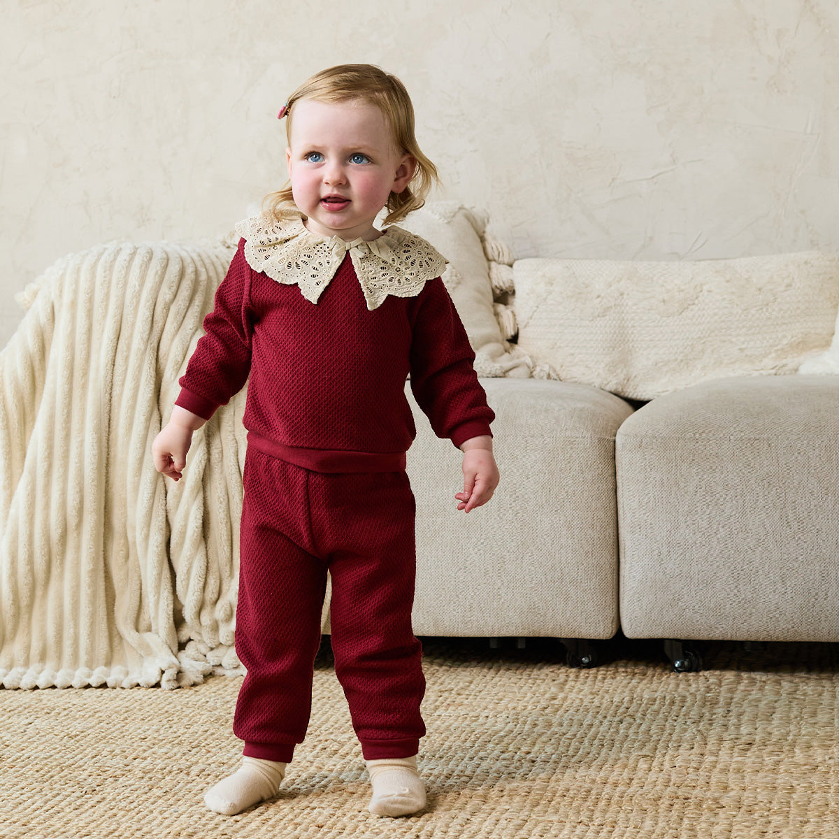 Baby Girls Maroon Cotton Blend Textured Top And Bottom Set With Broderie Collar Regular Fit Casual Wear